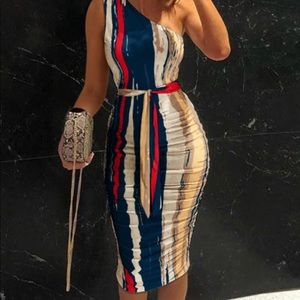 One Shoulder Ruched Tie Front Bodycon Dress Slim Midi Dress